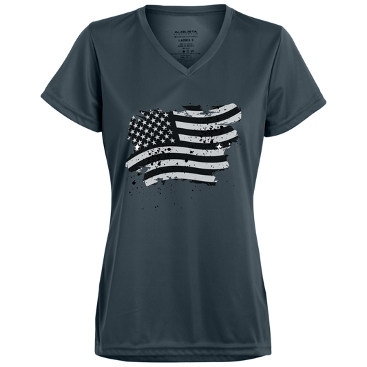 American Flag B/W Distressed Ladies V-Neck Tee