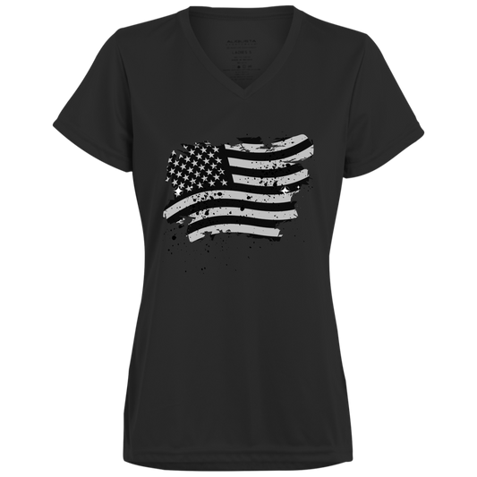 American Flag B/W Distressed Ladies V-Neck Tee